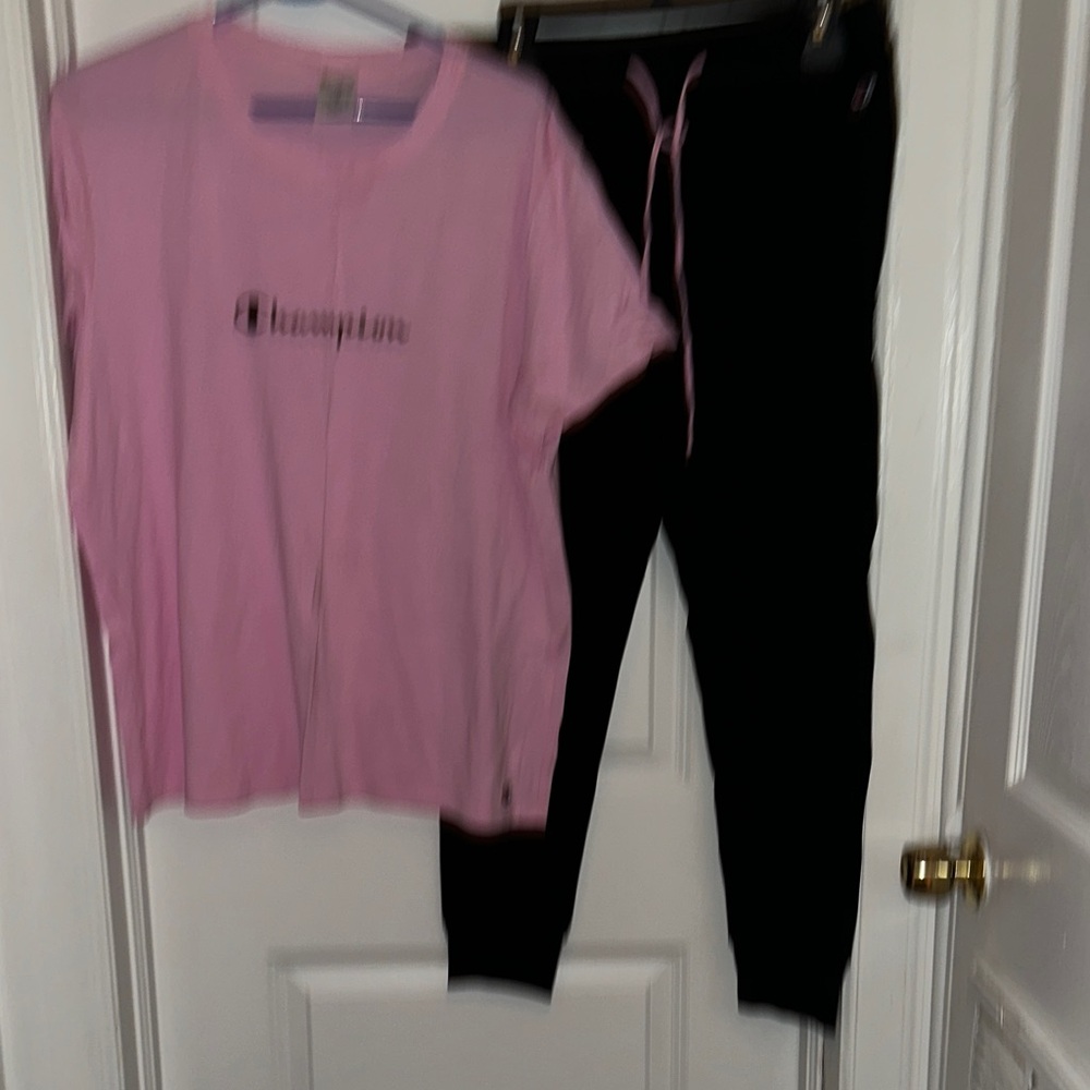 Champion Pink Logo T-Shirt with Black Joggers